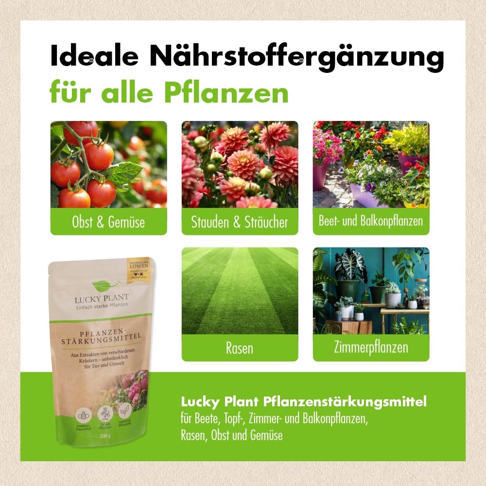 LUCKY PLANT Pflanzenstrkung 200g Pulver | Strkeres Pflanzenwachstum &  lngere Bltezeit | Zimmerpflanzen, Strucher, Rasen, Obst, Gemse |  Unbedenklich fr Tier & Natur | Dnger-Alternative : Amazon.de: Garten