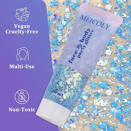 Miniatura 111 de MEICOLY Purpurina para cabello infantil, maquillaje de Halloween con purpurina brillante, lentejuelas de sirena para rostro y cuerpo, purpurina