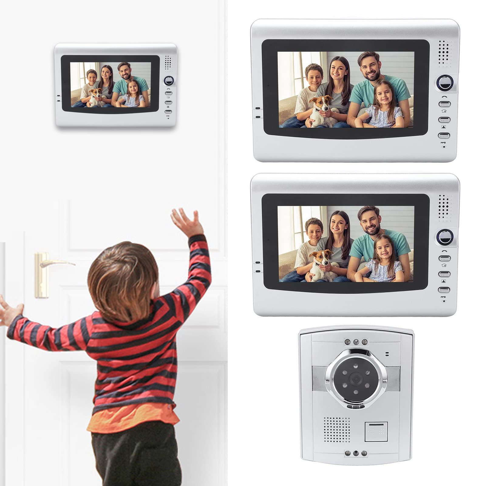 7 Pulgadas Videoportero Con Cable Kit Visión Nocturna Intercomunicador 2 Vías Sistema Timbre Video Sistemas De Seguridad Para Oficina Apartamento Villa AC100‑240v(EU Plug-Blanco)