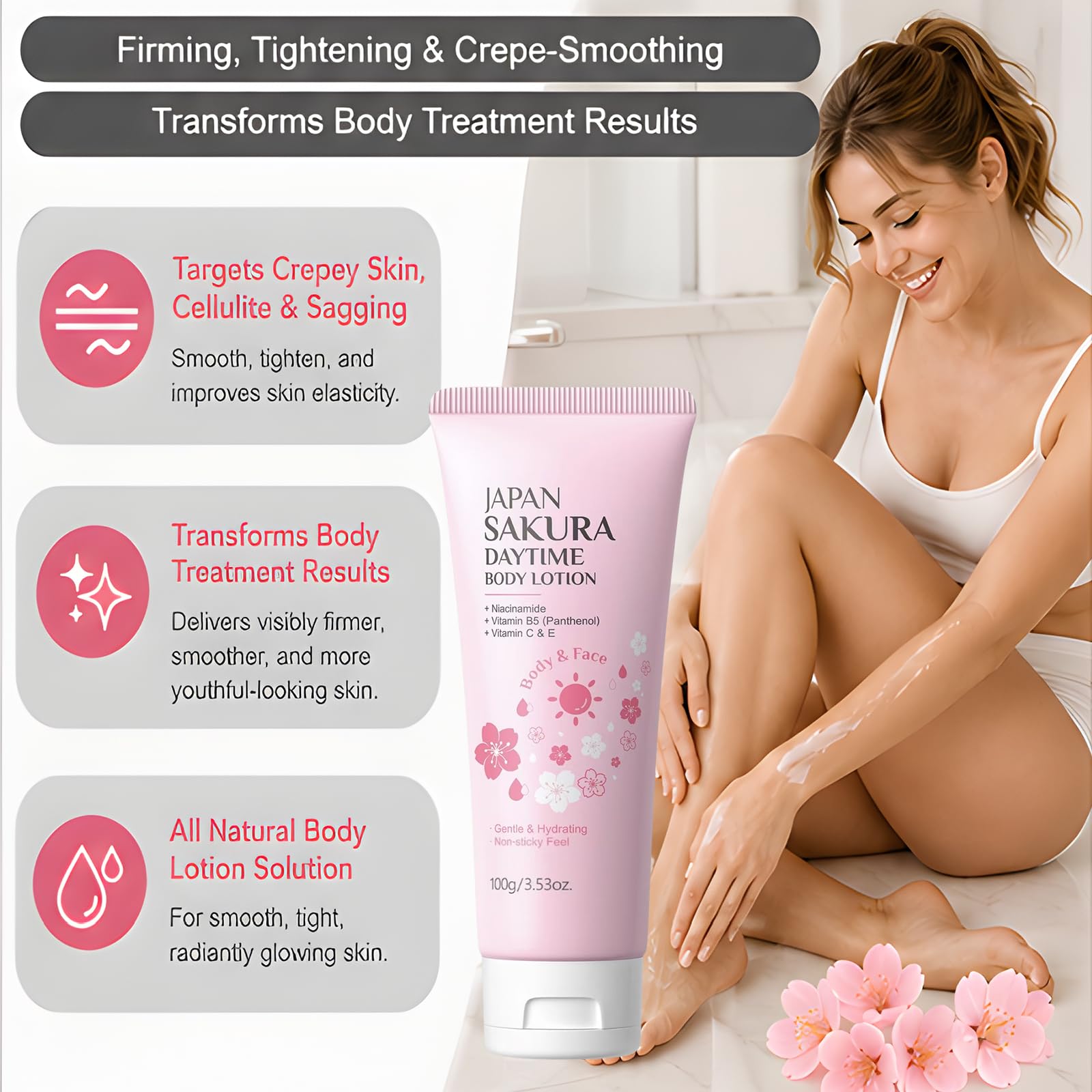 Giapponese Fiori di Ciliegio (Sakura) Illuminante Corpo Lozione - Rassodante e Anti-invecchiamento Idratante Quotidiano, Donne Pelle Secca Serraggio Profumato Idratante Crema (5 pezzi)