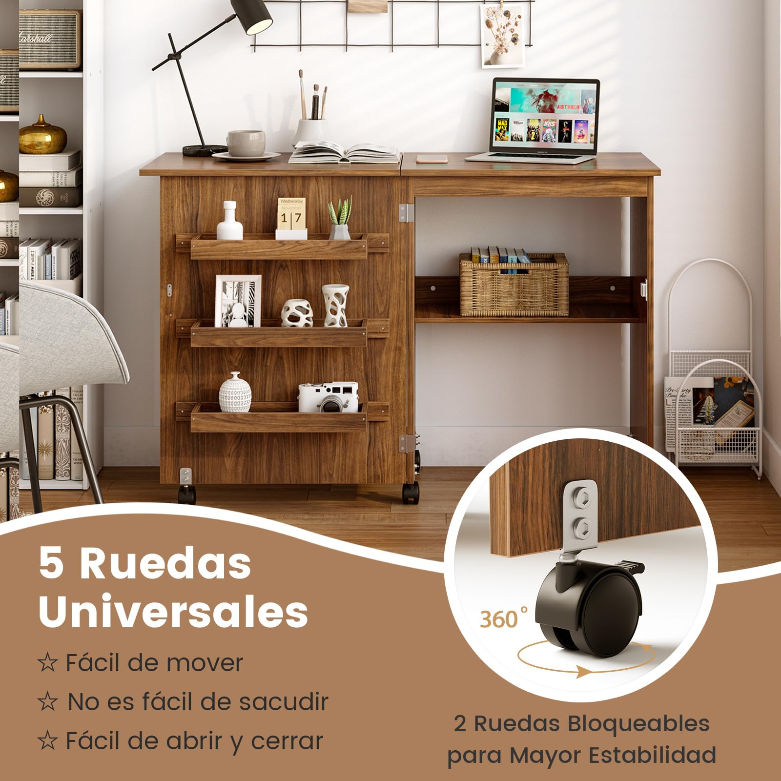 RELAX4LIFE Mesa de Costura Plegable con 5 Ruedas, 4 Estantes de Almacenamiento y Frenos, Mesa para Máquina de Coser de MDF, Mesa Multifuncional para Salón, Dormitorio, 118,5x40x79,5cm (Marrón)
