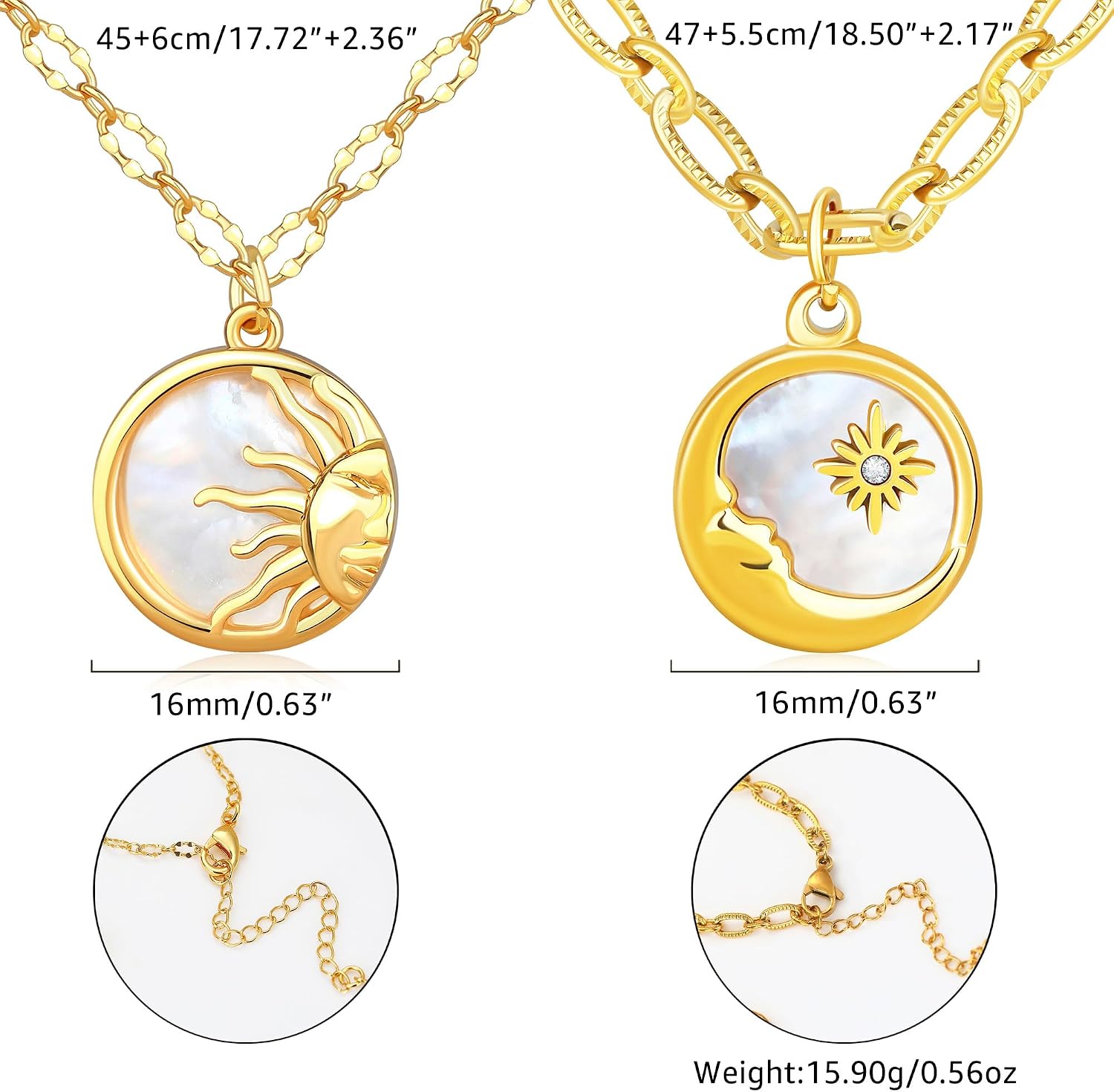 Sun and Moon Mother of Pearl Coin Matching Necklace for Couples Best Friend, Dainty Gold Paperclip Chain Disc Necklaces for Women Trendy, Celestial Tarot Jewelry Gifts