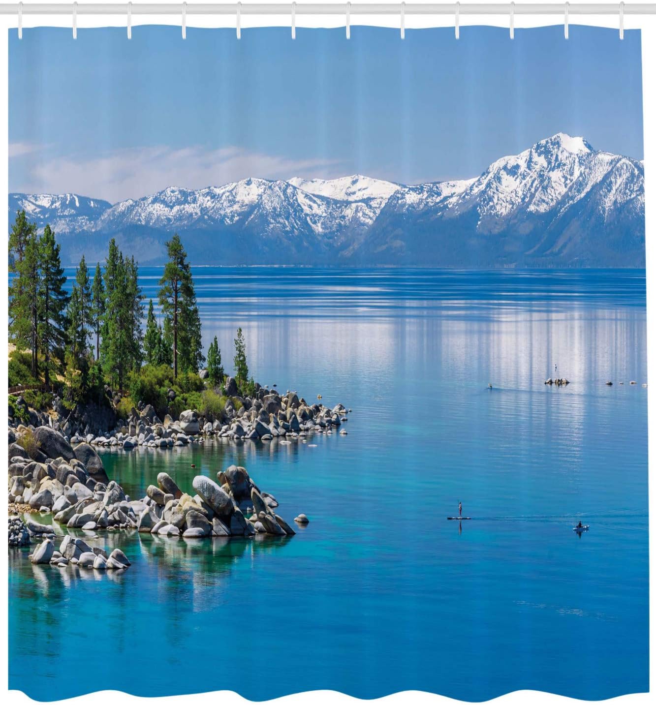 Ambesonne Landscape Shower Curtain, Blue Waters of Lake Tahoe Snowy Mountains Pine Trees Rocks Relax Shore, Cloth Fabric Bathroom Decor Set with Hooks, 69" W x 75" L, Pale Blue Green Grey