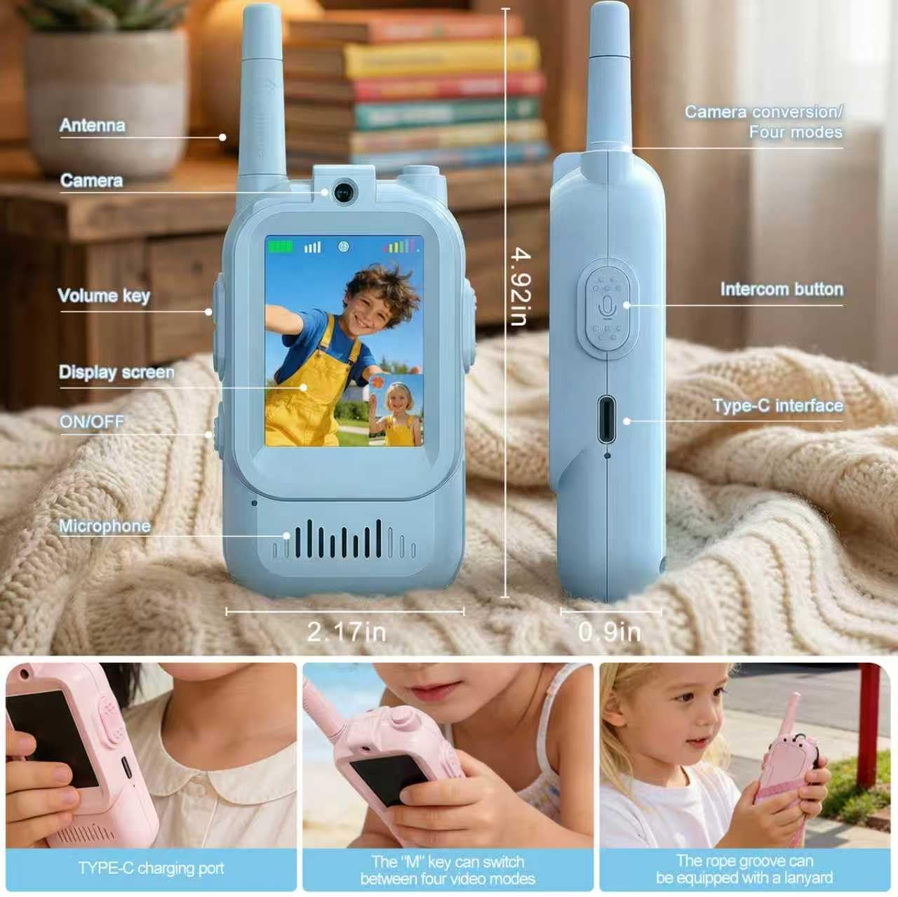 2 Pack Video Walkie Talkies for Kids Rechargeable Long Distance 300M Portable Outdoor Toys for Boys Girls Age 3-12 Birthday