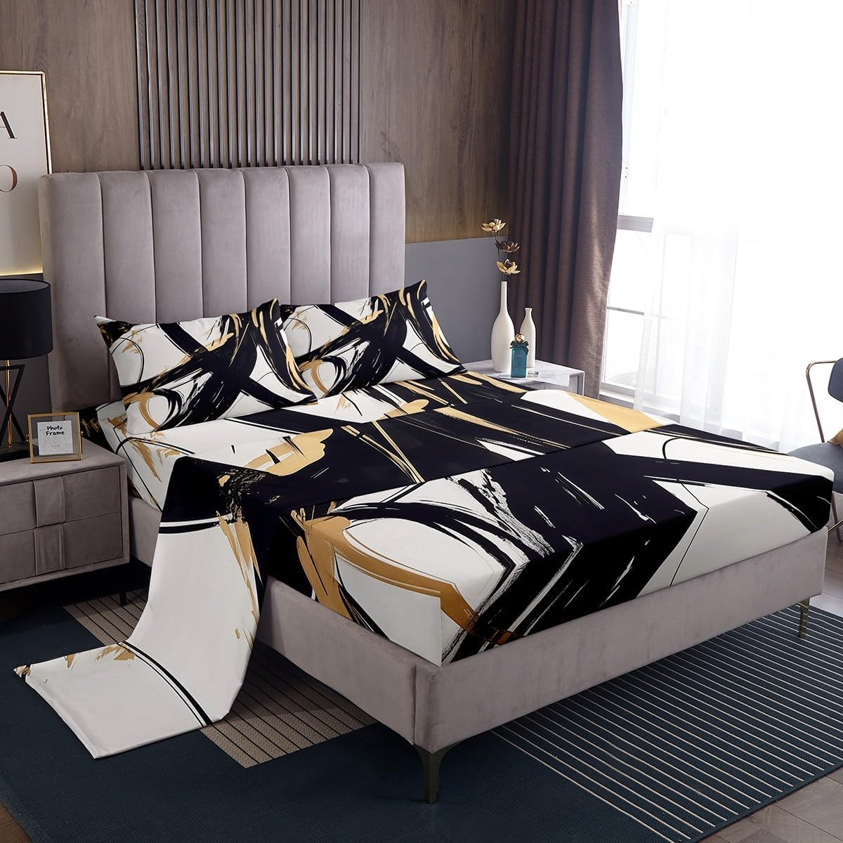 Feelyou Black Gold Abstract Art Line Bedding Set Queen Size Modern Geometric Print Sheets for Kids Boys Girls Minimalist Ink Line Bed Sheets Soft Sheets Set,1 Fitted Sheet+2 Pillow Sham+1 Flat Sheet