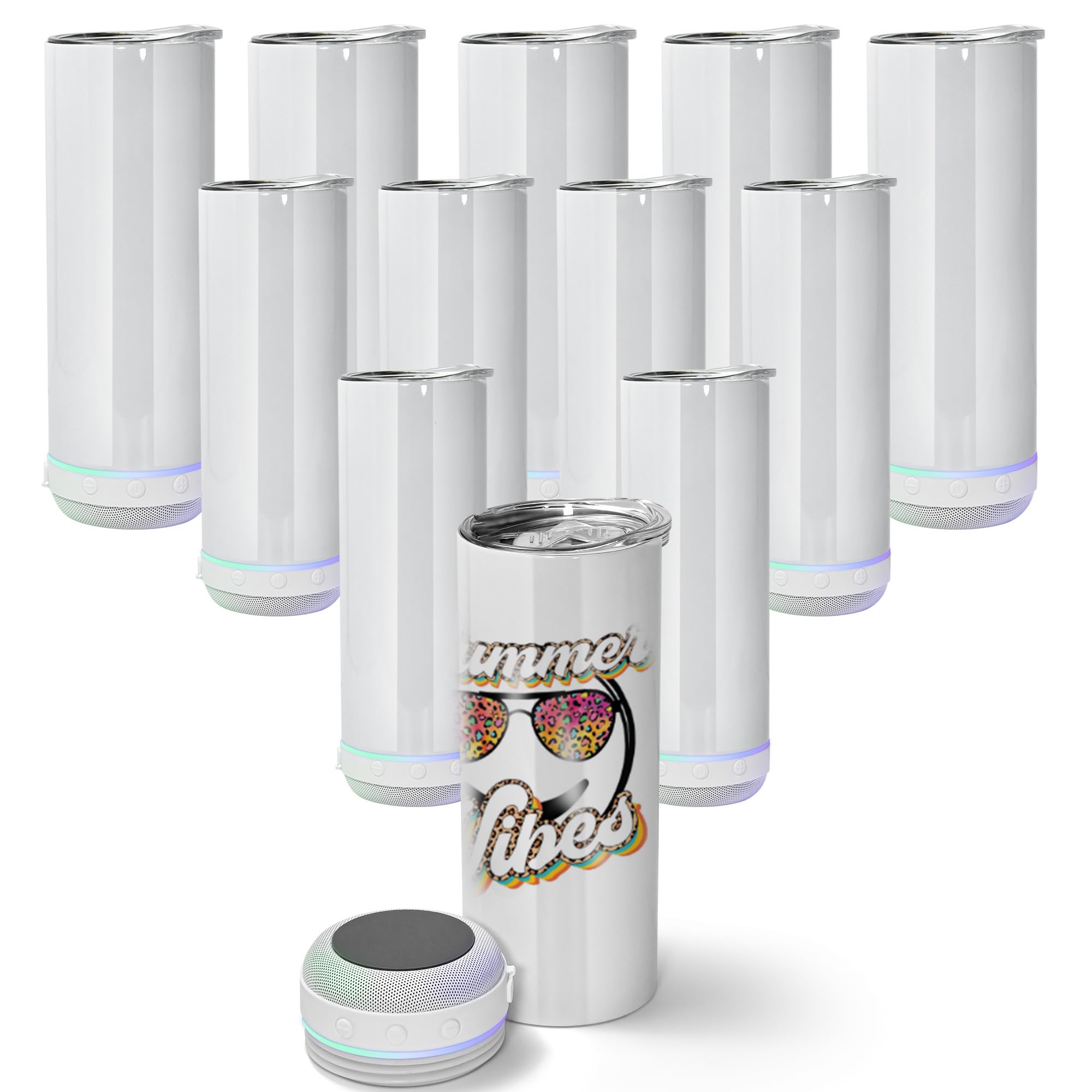 12Pack 20oz Sublimation Music Speaker Tumblers with Straw and Lid,Tumbler with Speaker Bluetooth, Speaker Tumbler with Detachable LED Light and USB Charging Cable