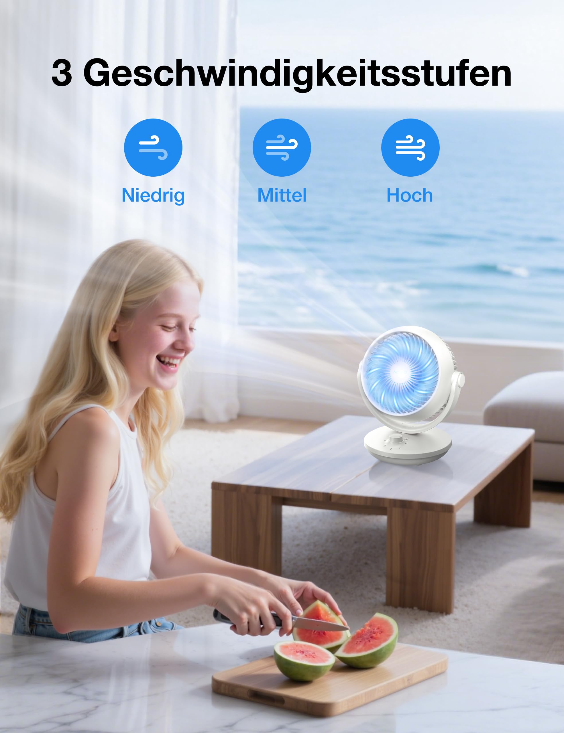 Acoolir Ventilator Leise 24dB Ultra-Leise, Tischventilator mit Dualer Oszillation 70° Horizontal + 100° Vertikal, 3 Geschwindigkeitsstufen, Ventilator Klein für Schlafzimmer, Homeoffice, Wohnzimmer