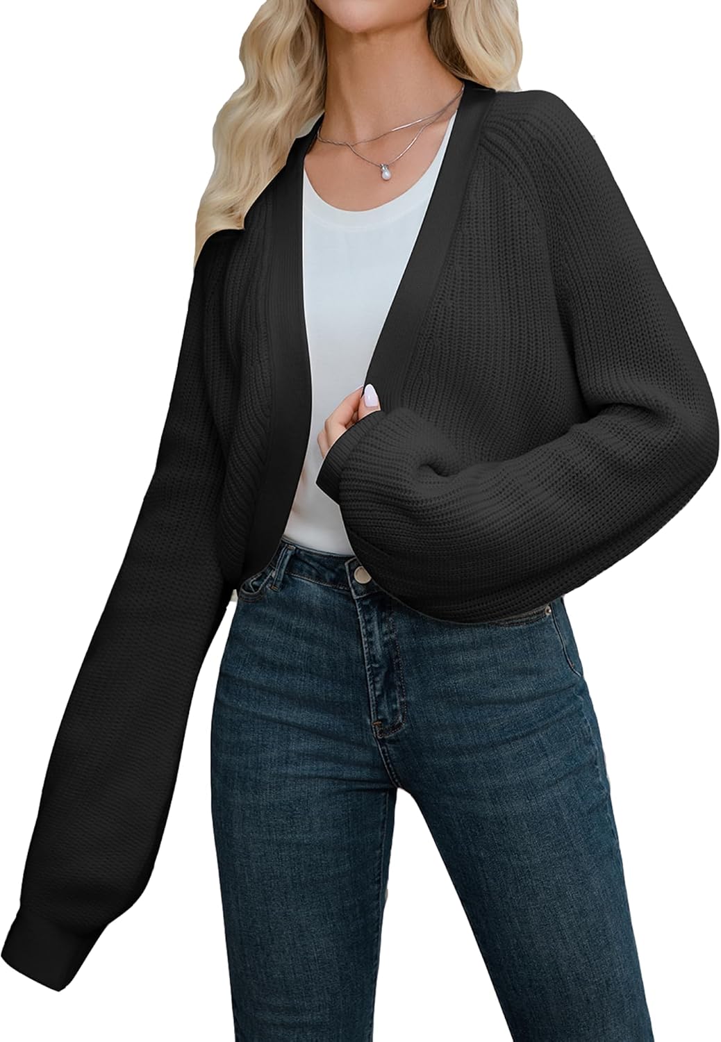 Women's Oversized Open Front Cardigans Cropped Sweaters Long Lantern Sleeve Knitted Bolero Tops