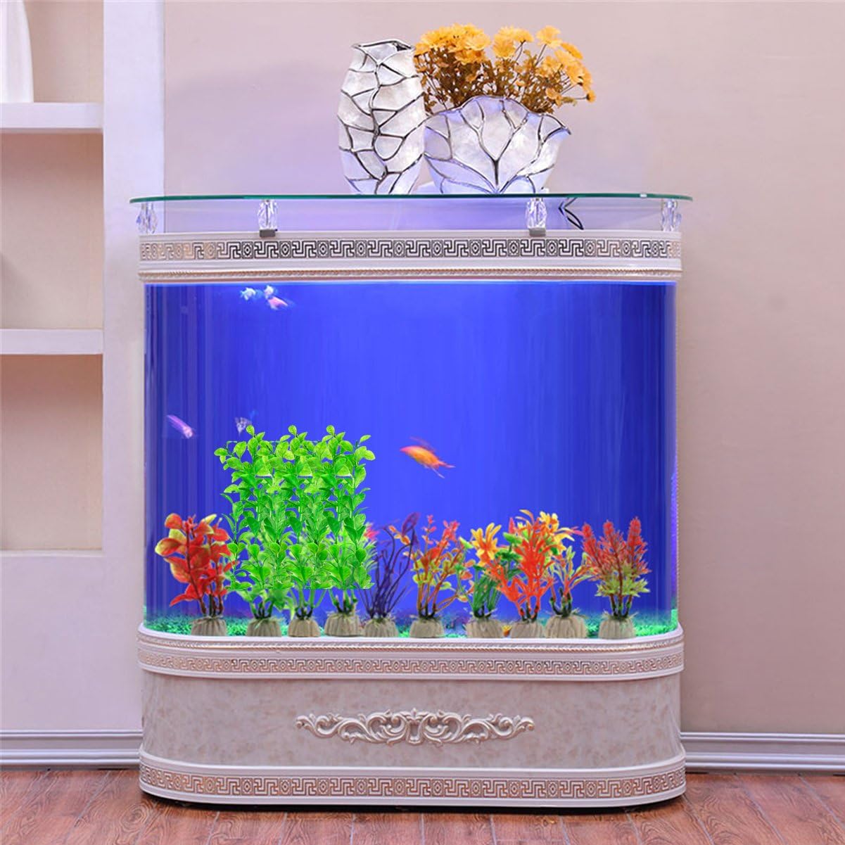 COMSUN 4 Pack Artificial Aquarium Plants, Large Size 10.6 inch Approximate Height, Fish Tank Decorations Home Décor Plastic Green