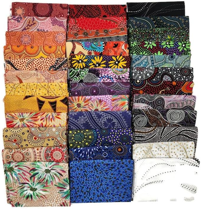 Fields 10 Fat Quarters - Assorted Australian Aboriginal M&S Textiles Nambooka Kangaroos Aborigine Indigenous Outback Bush Camp Goanna Waterhole Quality Quilters Cotton Fabric Bundle M491.15