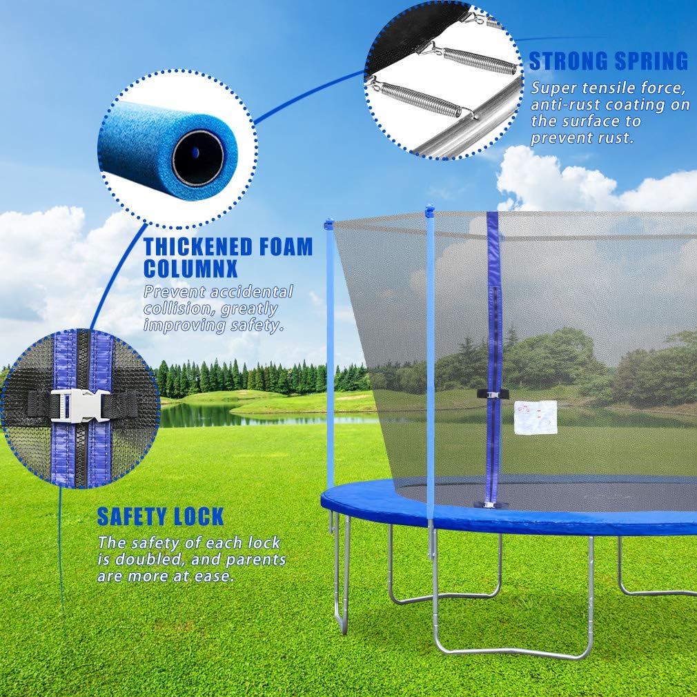 Diagram showing the thickened foam column, strong spring, and safety lock features of the trampoline.