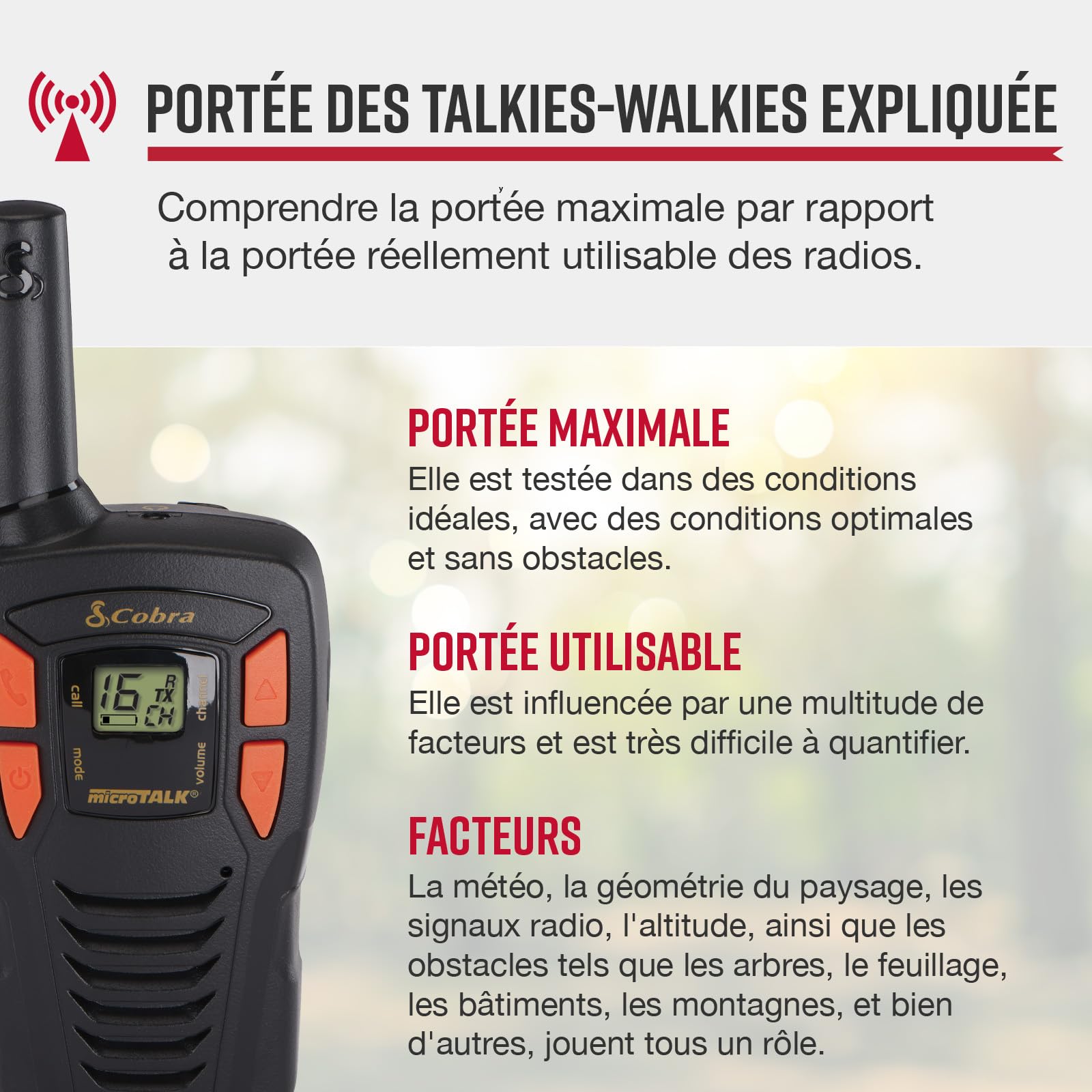 Cobra AM255 Talkies-Walkies Légers IPX2 (Pack de 2) – Portée de 5 km, 16 canaux, Fonction d'économie d'énergie, talkies-Walkies Rechargeables, Noir