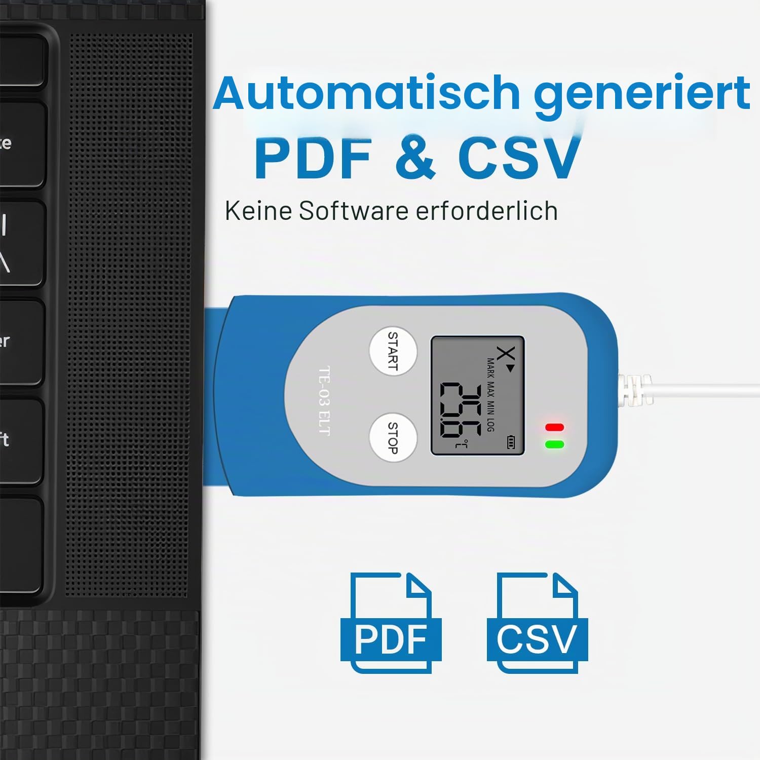 TherElc TE-03 ELT Datenlogger für extrem niedrige Außentemperaturen, -100 °C~ +100 °C, MKT-Berechnung, 32.000 Punkte, wiederverwendbarer USB-Recorder für Labor, Backofen und medizinische Kühlschränke