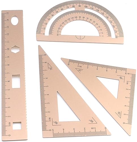 Crapyt Paquete de 4 herramientas geométricas de aluminio para transportadores de metal dorado, juego de reglas de aluminio de 5.9in para estudiantes