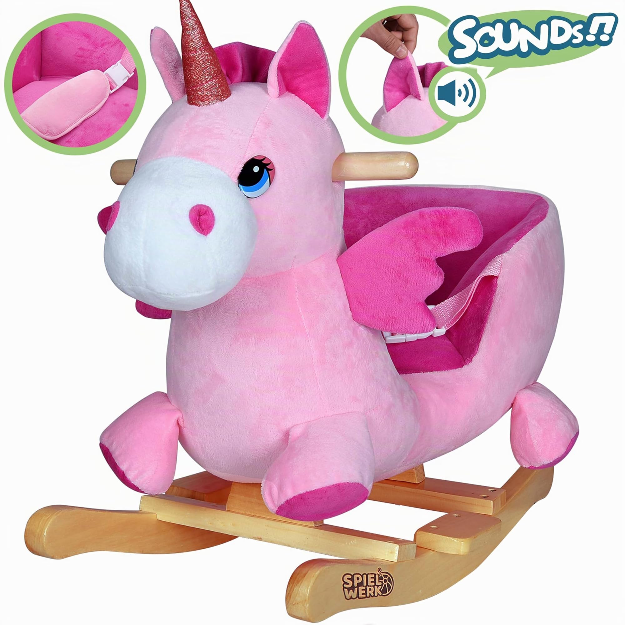 DEUBA® Unicorno Rosa Peluche a Dondolo Legno con Suoni Cintura di Sicurezza Giochi Infanzia Bambini Giocattolo Regalo