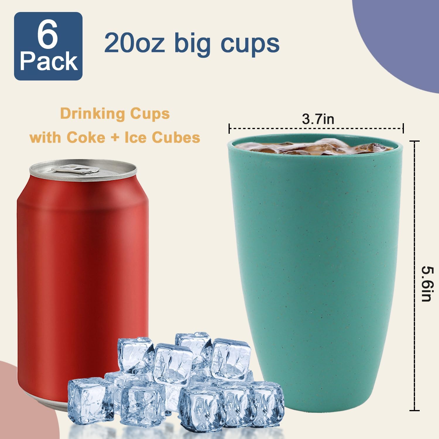 Wheat Straw Cups 20 OZ Large Capacity Set of 6, Unbreakable Drinking Cups Reusable, Alternative to Plastic Cups Reusable, Dishwasher Safe Water Tumblers (Multicolor) - Image 3