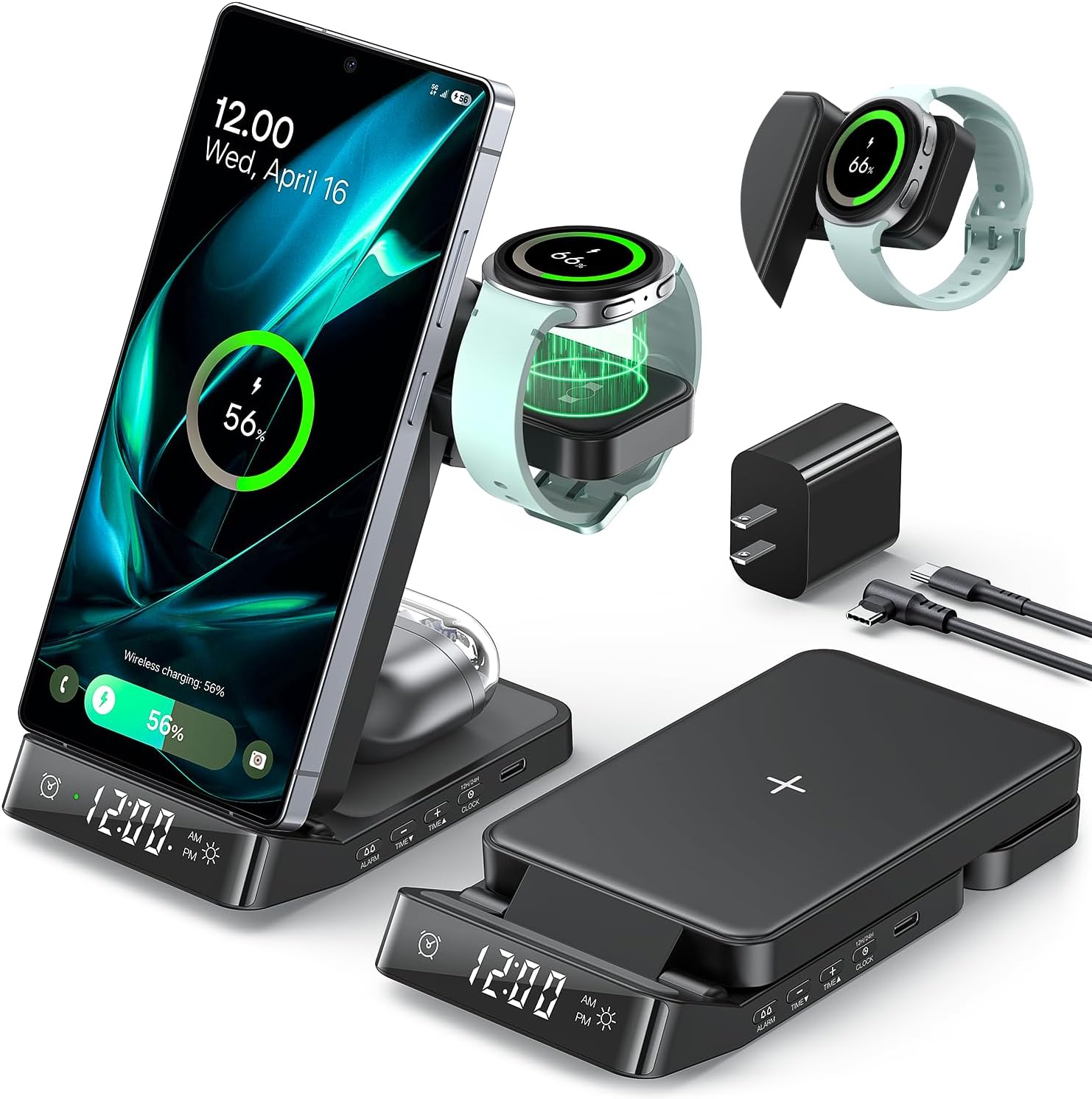 Alarm Clock Wireless Charging Station for Samsung Devices, 3 in 1 Foldable Wireless Charger for Galaxy S26 Ultra S25/Z Fold 7/6/Z Flip, Galaxy Watch Charger Stand for Galaxy Ultra/8/7, Buds
