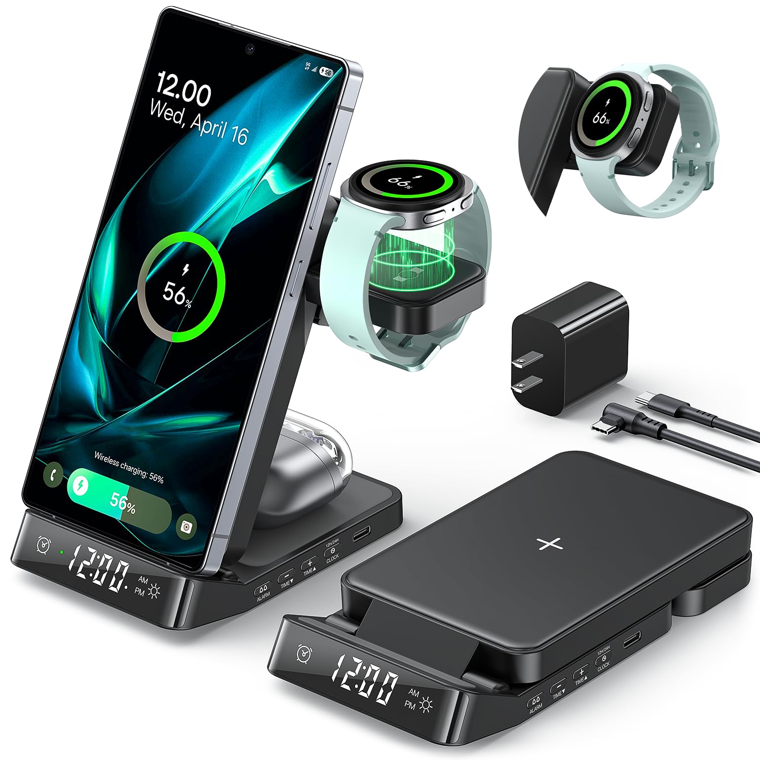 Estación de carga inalámbrica para reloj despertador, cargador inalámbrico plegable 3 en 1 para S25 Ultra S24/Z Fold 7/6/Z Flip, y soporte de cargador Galaxy Watch para Galaxy Ultra/8/7, Buds