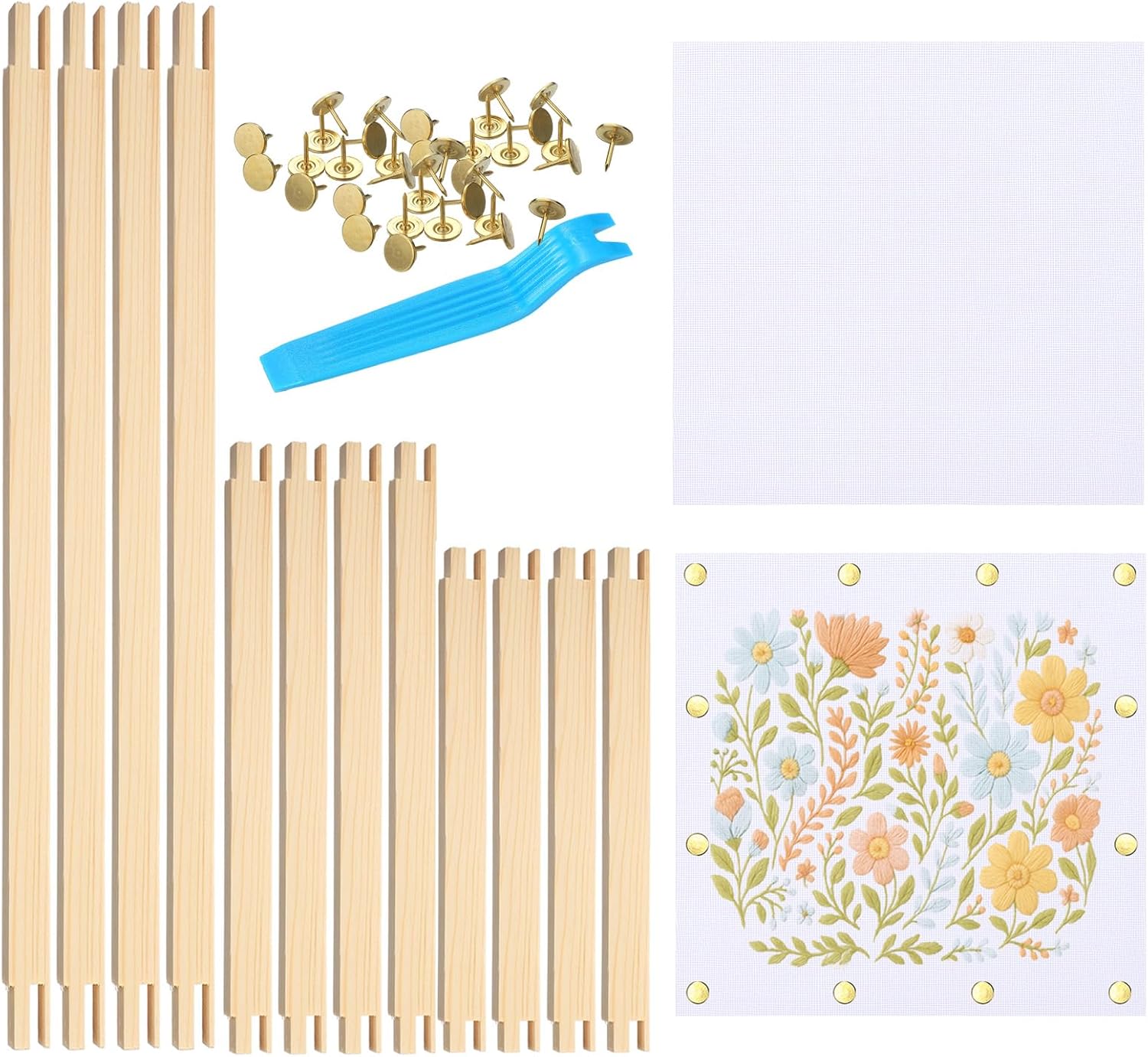 Threehoney 116 Pcs Needlepoint Stretcher Bars Kit Wooden Stretcher Bars Thumb Tacks and White Needlepoint Canvas Needlework Craft Supplies for Cross Stitch Hand Embroidery Art Accessories (3 Sizes)