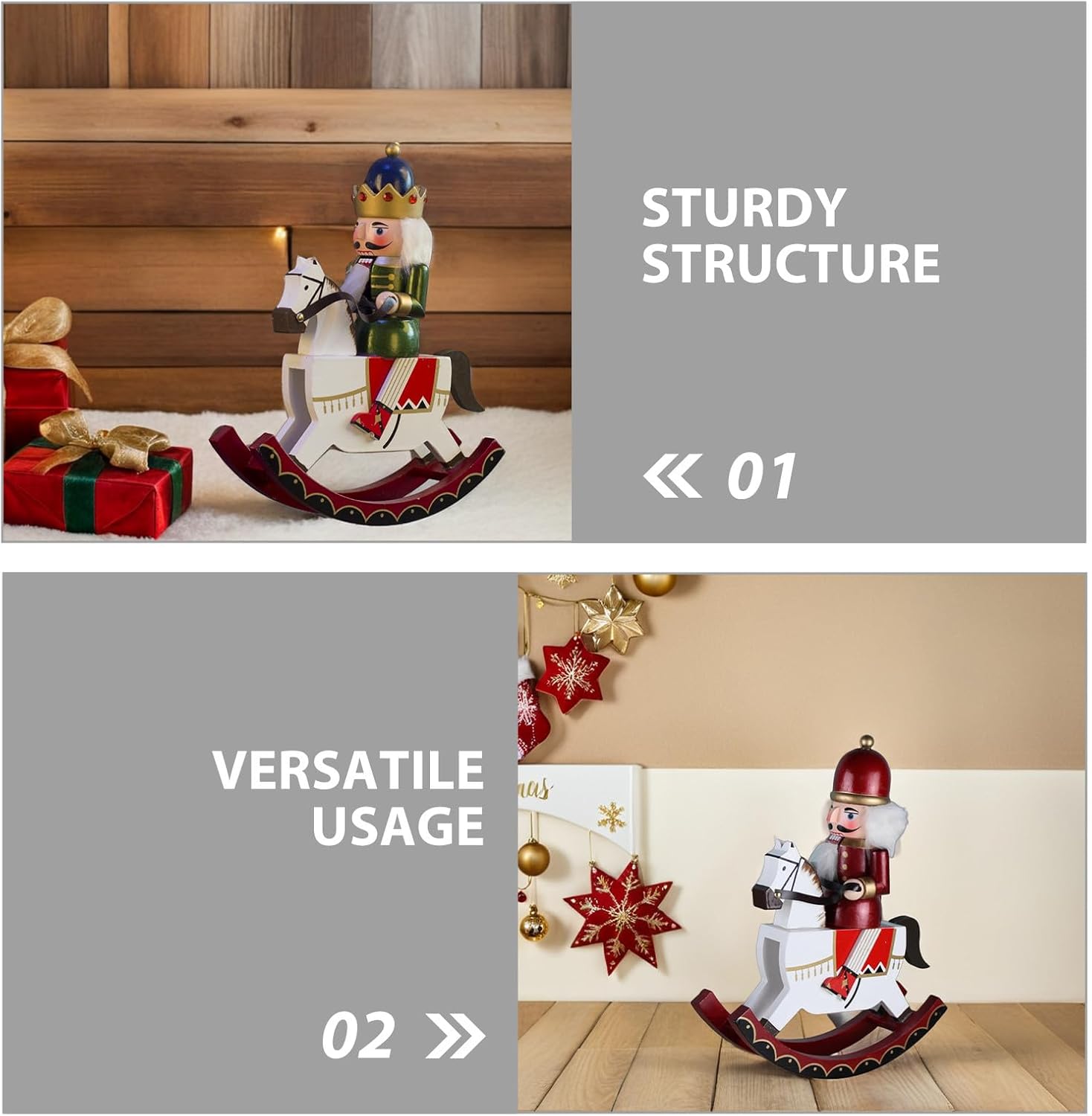 Cabilock 2PCS Christmas Nutcracker Puppet: Wooden Rocking Horse Nutcracker Figures Xmas Puppet Mantel Tabletop Centerpieces Winter Festival Shelves Decoration
