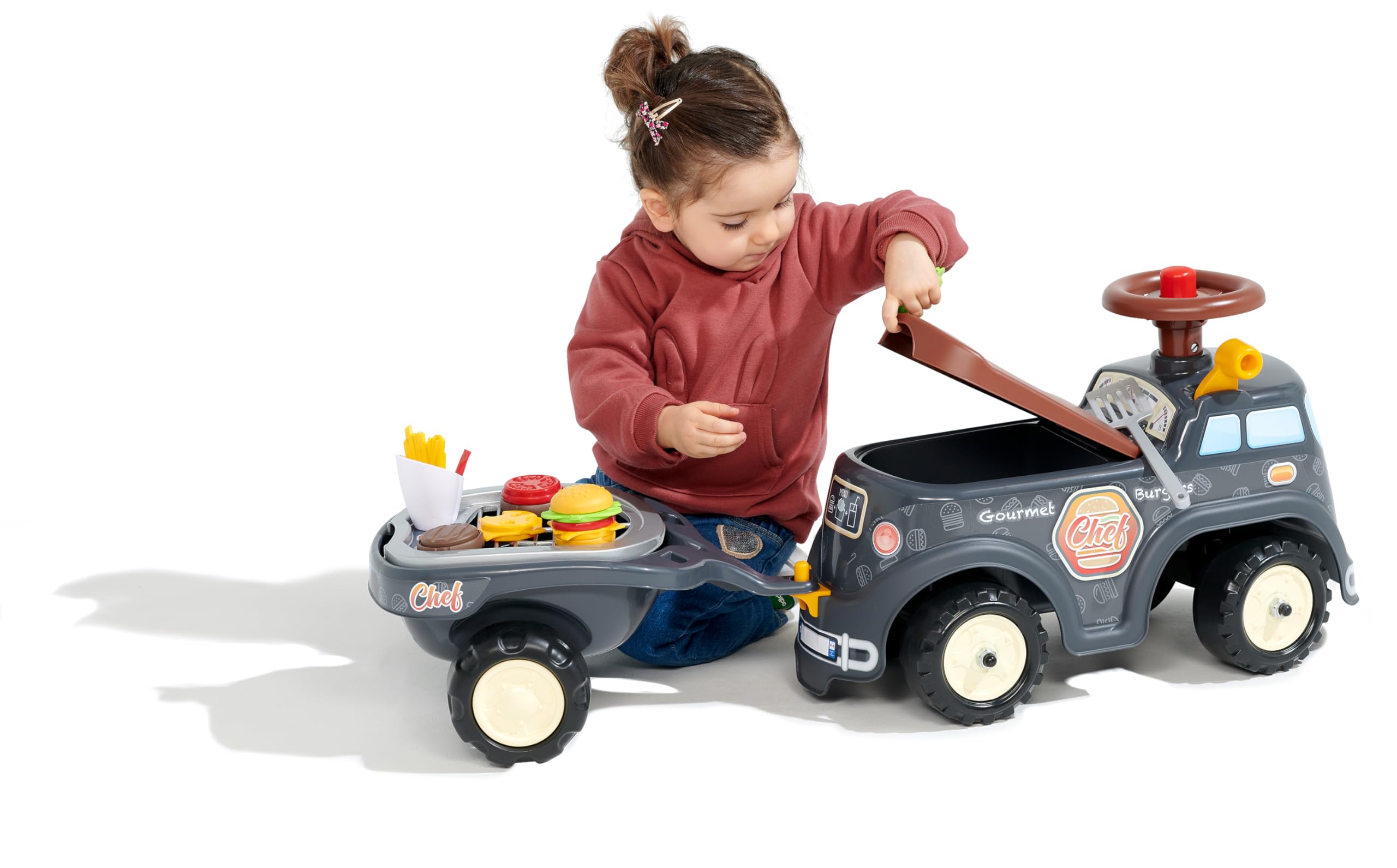 Falk – Portador Food Truck Gourmet Burger – A Partir de 12 Meses – Gris – Volante direccional con bocina – Palanca de Efecto sonoro – Baúl de Almacenamiento – Remolque BBQ & Accesorios – 707C