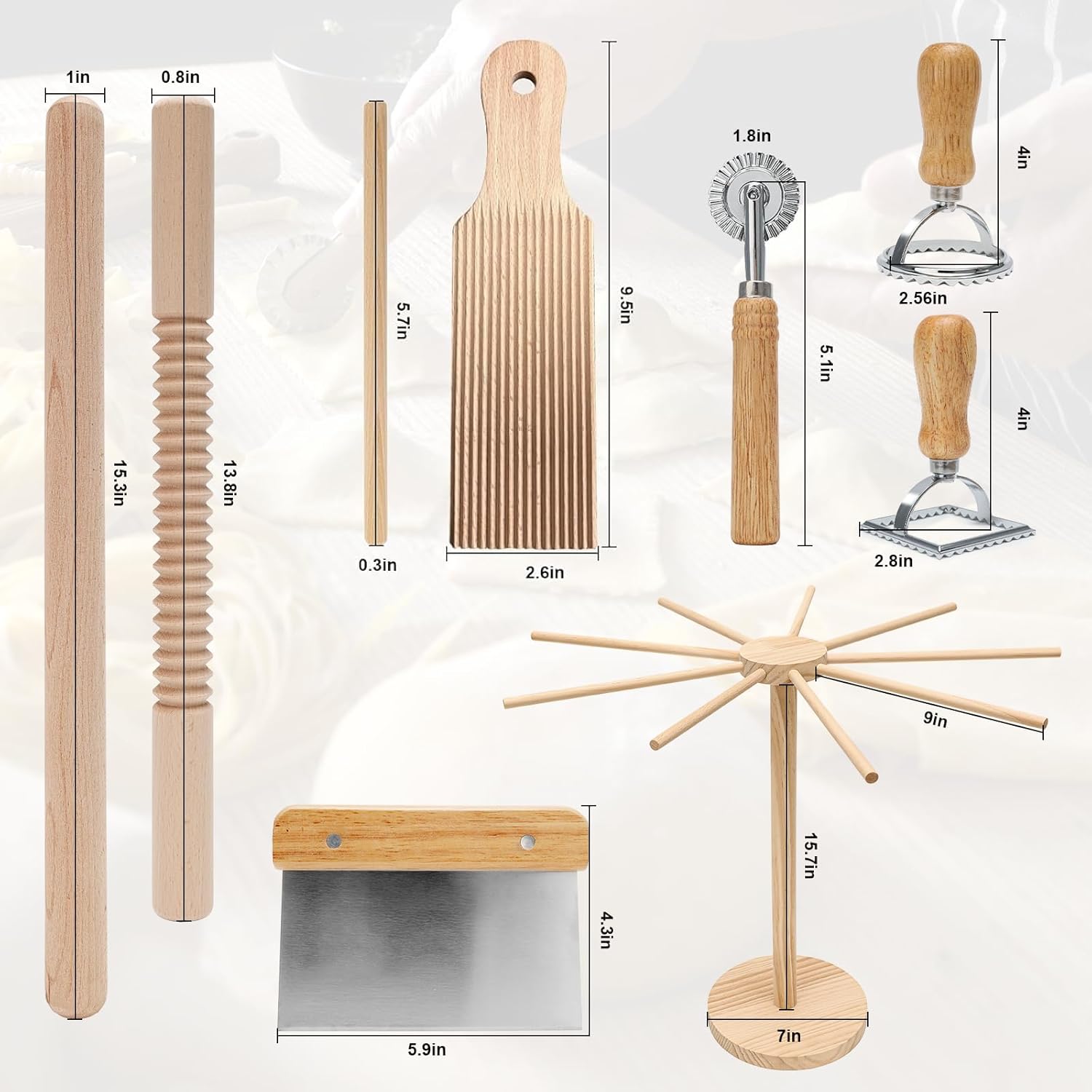 Pasta Making Tools 9 Pcs with Pasta Drying Rack, Threaded Rolling Pin, 2 Rolling Pins, Gnocchi Board, Dough Cutter, Wheel Cutter, 2 Ravioli Stamps,Pasta Making Kit Accessories for Home - Image 7