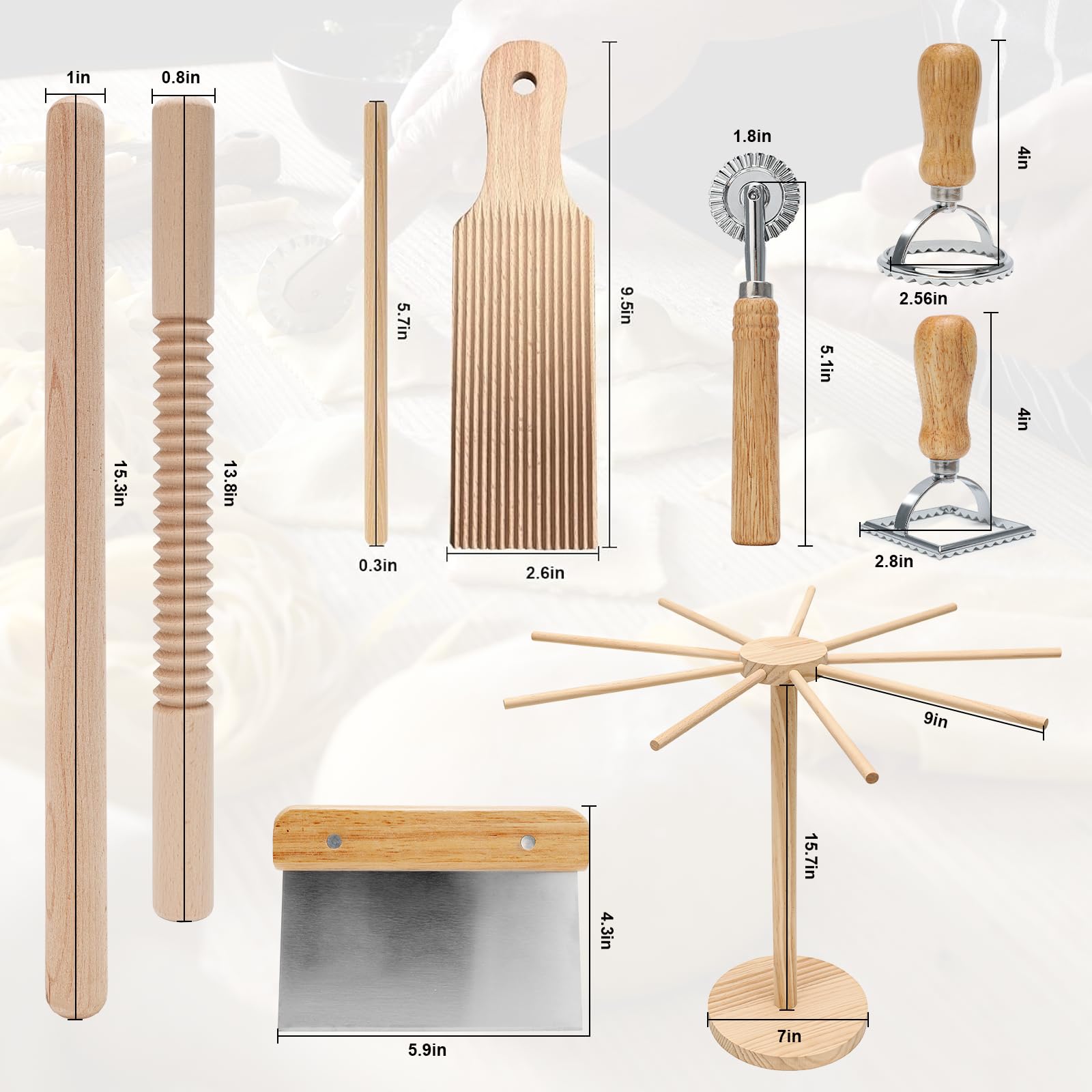 Kit de fabrication de pâtes 9 pièces, séchoir à pâtes, rouleau fileté, 2 rouleaux, planche à gnocchi, coupe-pâte, roue à découper, 2 tampons à ravioli pour pâtes maison