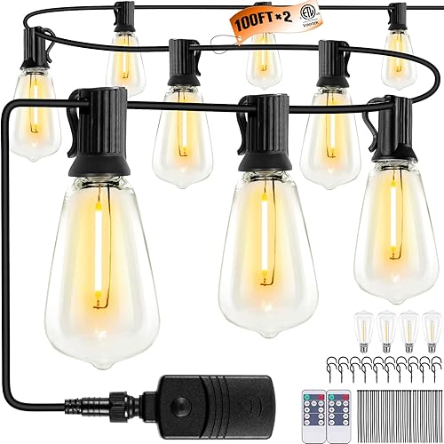 OOOLED Guirnalda de luces LED para exteriores de 200 pies (100 pies x 2) tira de luces de patio enchufable con 108 bombillas de plástico ST38 OOOLED Guirnalda de luces LED para exteriores de 200 pies (100 pies x 2) tira de luces de patio enchufable con 108 bombillas de plástico ST38