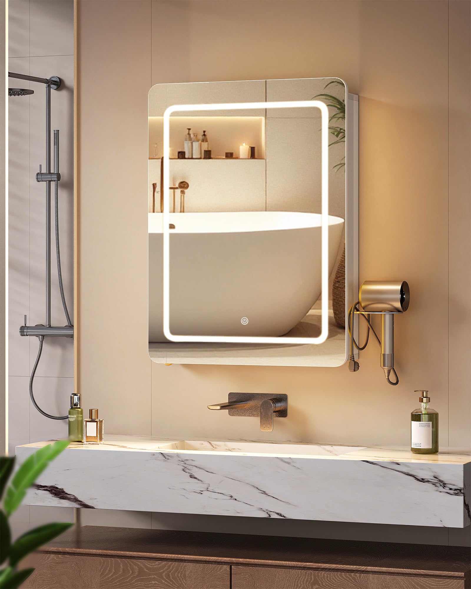 Hzuaneri Armario Espejo Baño, Armario Baño Pared con Espejo y Luz LED, 3 Temperaturas de Color Regulables, Estantes Ajustables, 16,5 x 50 x 70 cm, Blanco MC30103XEU