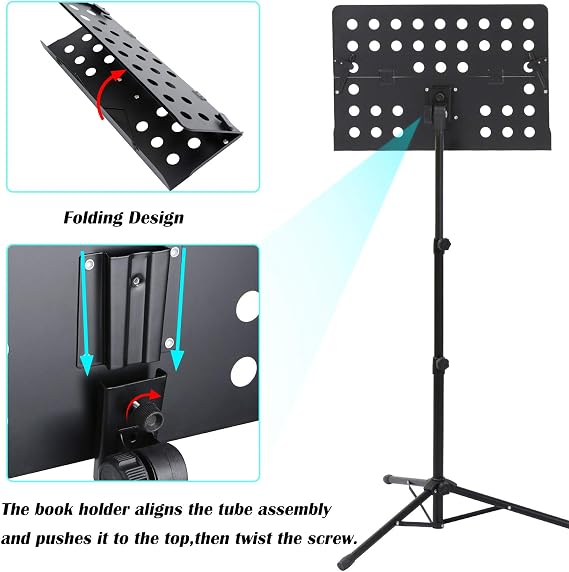 Klvied Professional Sheet Music Stand with Violin Hanger, Folding & Portable Violin Stand With Travel Case, Black