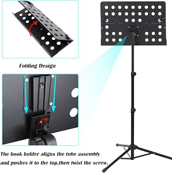 Klvied Professional Sheet Music Stand with Violin Hanger, Folding & Portable Violin Stand With Travel Case, Black
