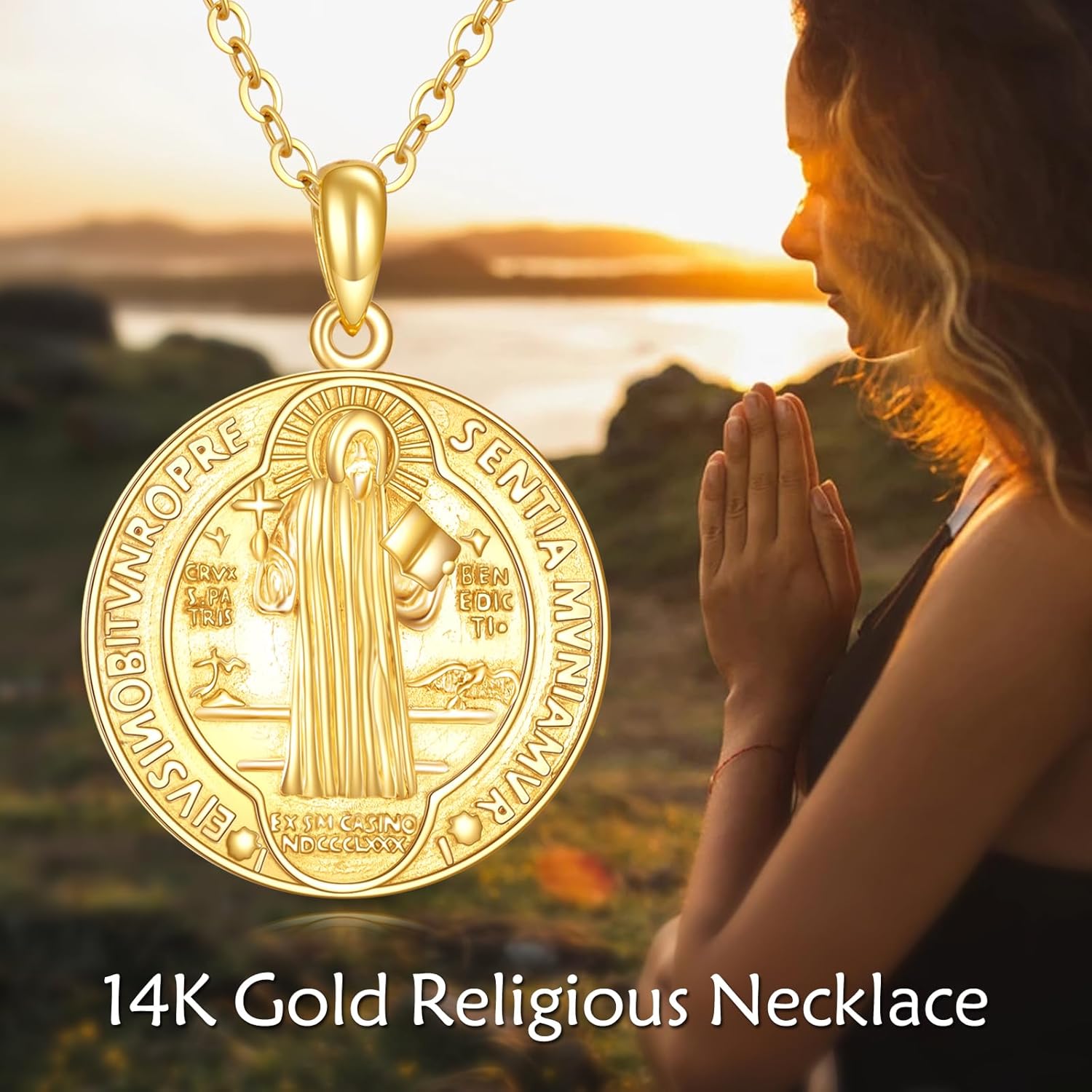 KECHO 14K Gold Saint Benedict Necklace Religious Pendant Patron Saint Pendant 14K Real Gold Religious Jewelry for Men Women