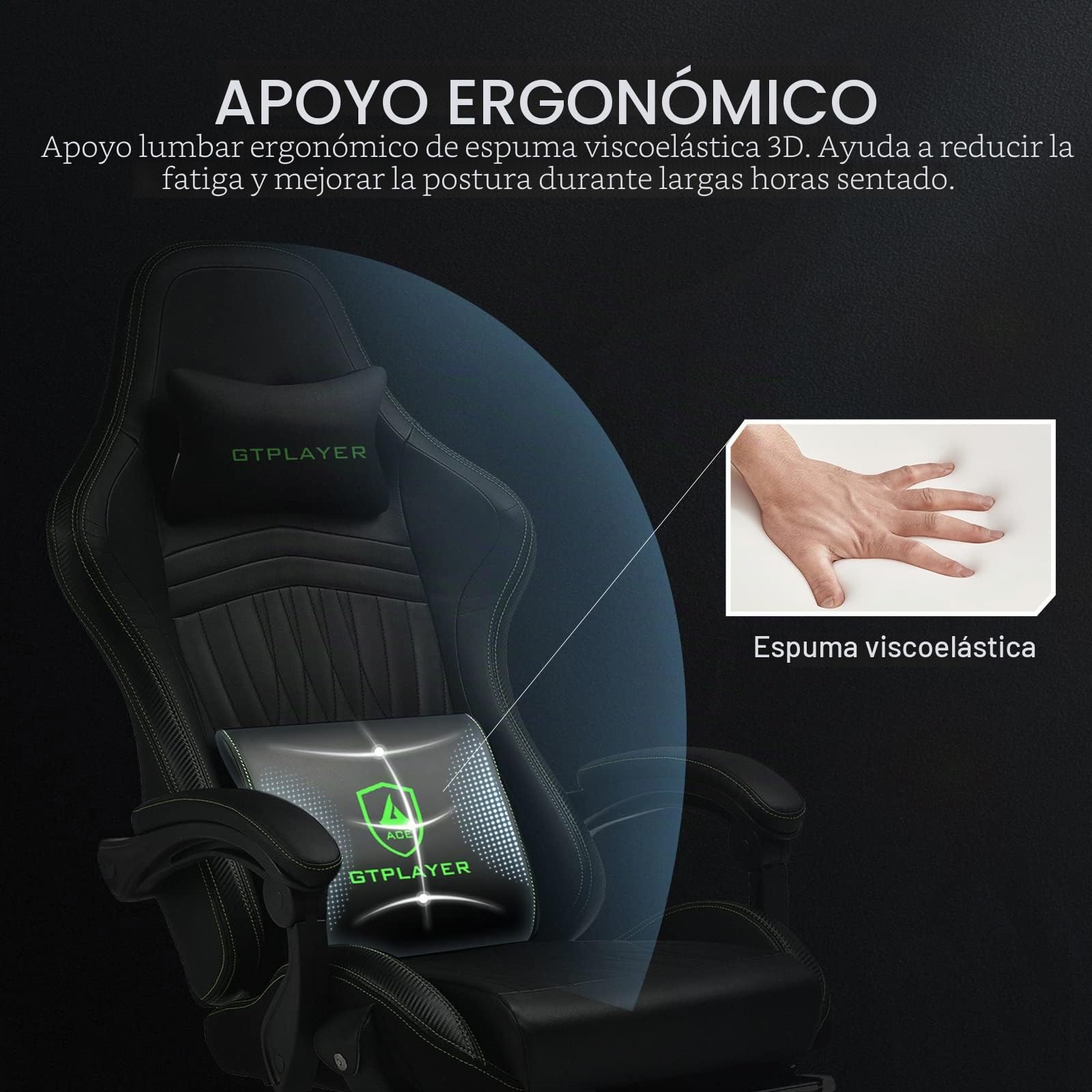 GTPLAYER Silla de Juego, ergonómica, para Gamer, con reposapiés, Altavoz, música, Carga máxima: 150 kg, Negro/Verde