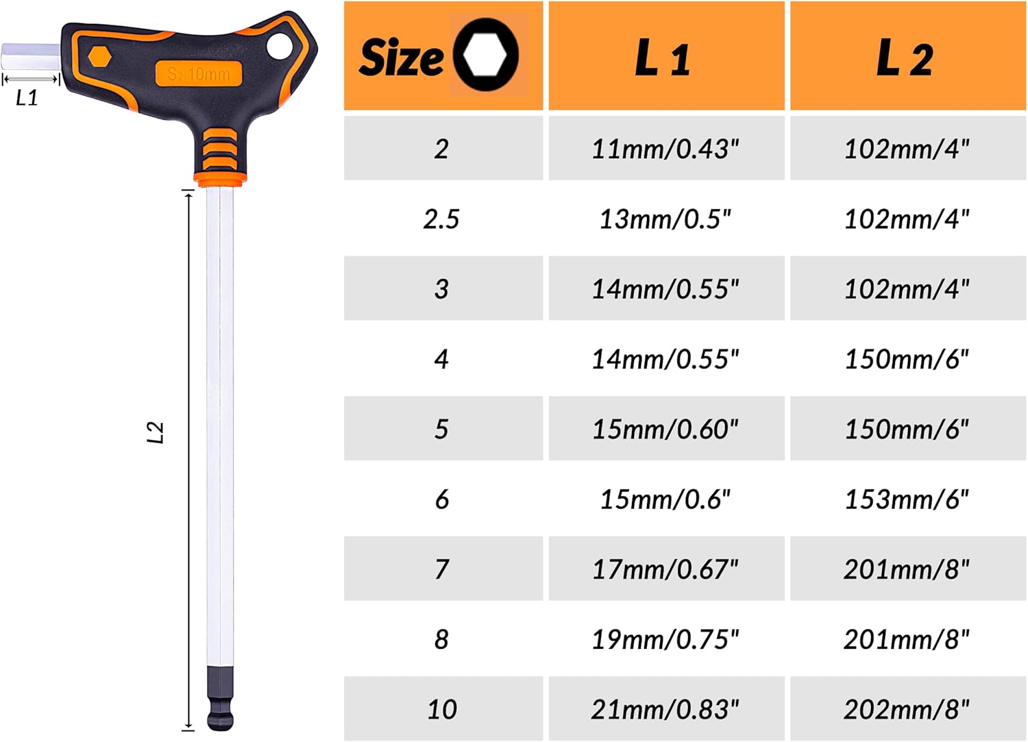 NordWolf 9-Piece T-Handle Metric Allen Wrench Set, S2 Steel Long Arm Ball End Hex Keys, Sizes 2mm to 10mm in Storage Box