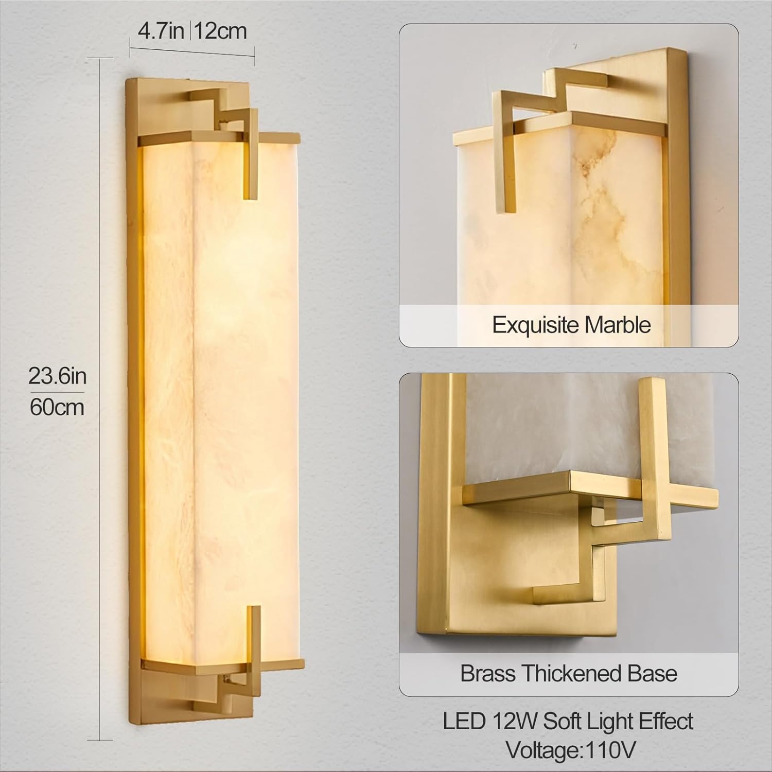 Modern Marble Wall Sconce Natural Alabaster Sconce Bedroom White Stone Wall Mount Lamp Brass Wall Sconce Lighting for Bathroom Living Room Dining Room Kitchen Hallway