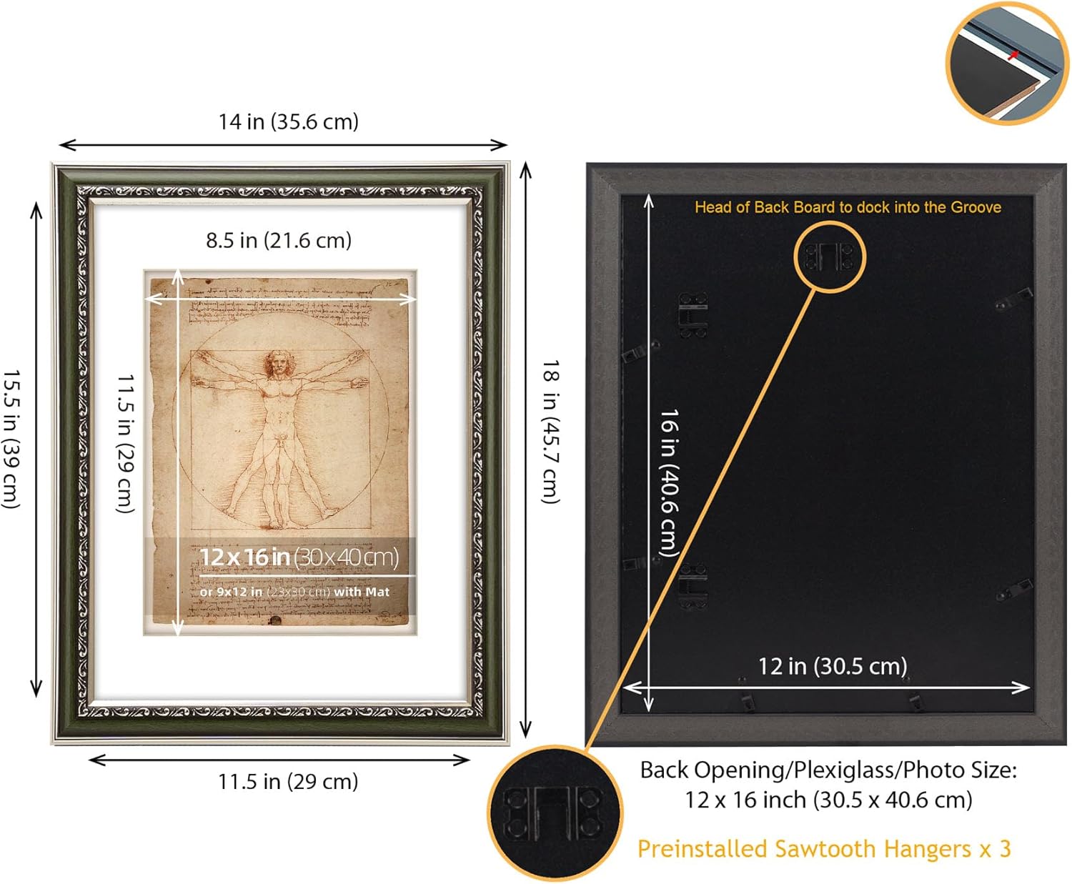 WYNCO 12x16 Vintage Green and Silver Convex Embossed Motif Ornate Classic Picture Frame, Matted to 9x12 inches, Plexiglass Cover, 2 Pack