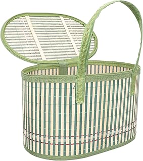 Ipetboom Lidded Basket Woven Basket with Lid and Handle Handmade Rattan Storage Basket Decorative Gift Boxes for Cake Fruit Dragon Boat Festival Zongzi L Storage Basket with Lid Wicker Basket
