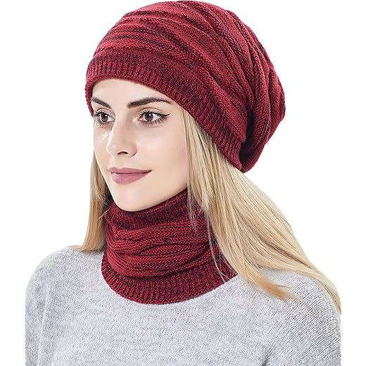 2 in 1 Women's Beanie Hat and Scarf Fleece Lined Winter Warm Ski Hat and Neck Warmer for Girls