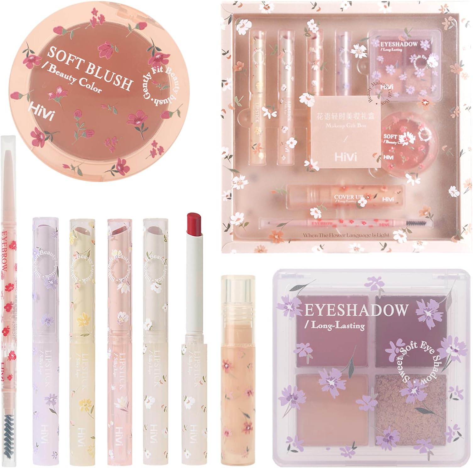 Makeup Kit for Girls, 8 Pieces Makeup Set, Include 4 Color Lipsticks and Eyeshadow, Eyebrow Pencil, Concealer, Blush Palette, Ideal Gift for Girls