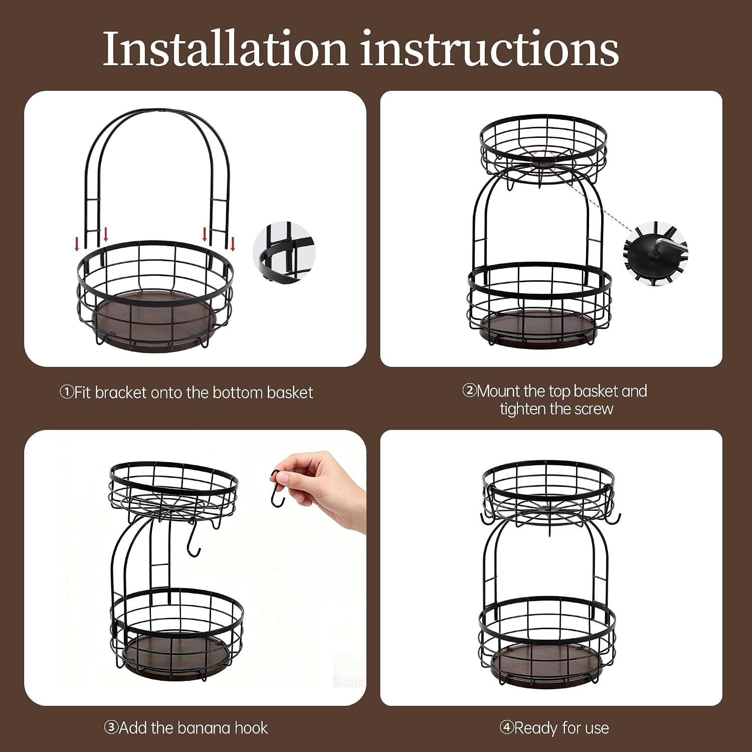 TURSTIN 2 Tier Large Fruit Basket with Banana Hangers 10x14‘’, Round