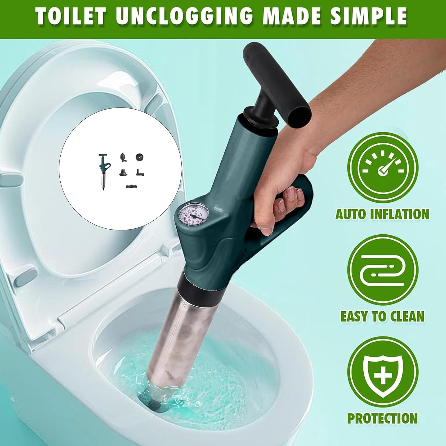 Adjustable Air Pressure Pipe Unclogger 8 KPa 3 Attachments for Toilet Sink Shower Drain Maintenance High Pressure Pipe Unclogging Tool