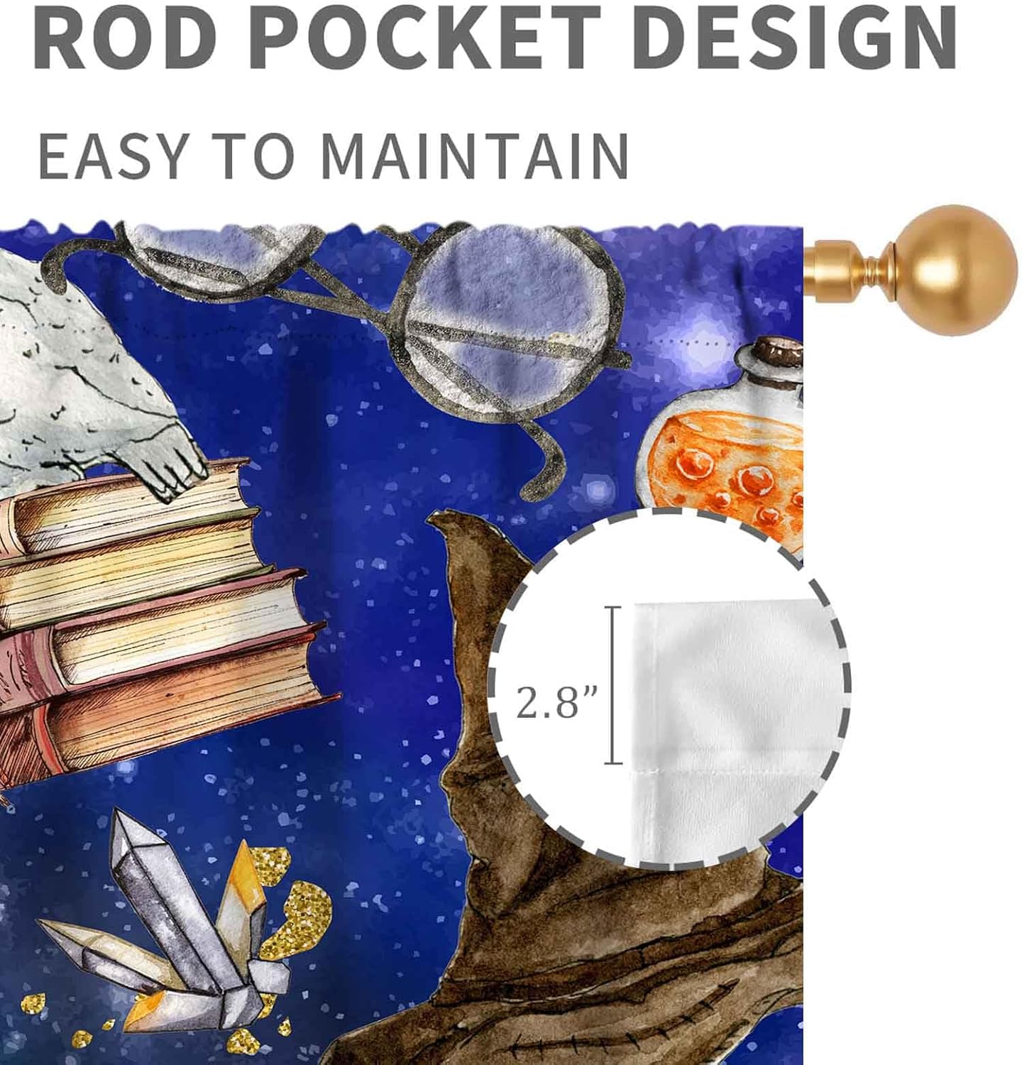 Witchy Curtains, Magic Wizard Mysterious Galaxy Planet Outer Spooky Magical Book Hat Owl Blackout Window Drapery Treatments for Bedroom Living Room Kitchen Bathroom, 42"x54" Inch