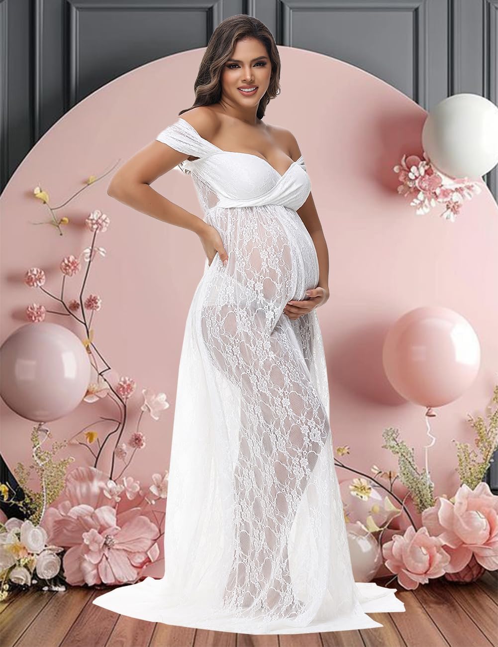 JustVH Maternity Dresses for Photoshoot Off Shoulder Chiffon Lace Gown Split Front Maxi Photography Dresses