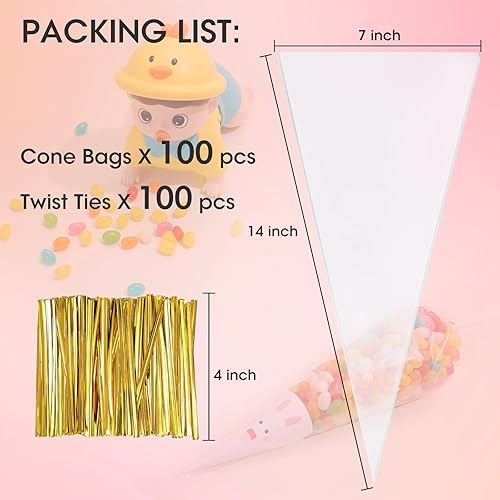 Miniatura 2 de Bolsas de golosinas en forma de cono, 100 bolsas de palomitas de maíz transparentes a granel de 7 x 15 pulgadas, bolsas de celofán con lazos