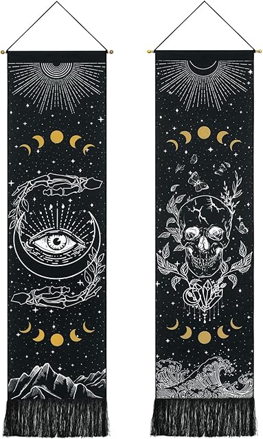Yugarlibi 2-pak gobelin z czaszką złe oko, do powieszenia na ścianie, czarny fazy księżyca, gobelin, steleton, dłoń, ocean, fala, gobeliny, góry, psychodeliczna sztuka ścienna do sypialni, salonu, akademika,