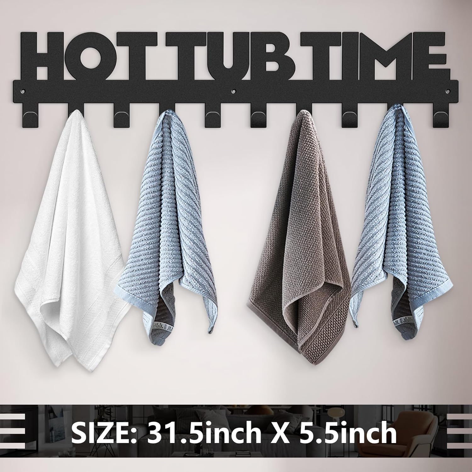 Large Towel Racks Bathroom Decor Wall Mount Hooks Towel Holder Organizer Outdoor Hut Tub Towel Rack to Hold Towels Robes and Coats in Bath, Hot Spring, Swim Pool, Hotel (Black)