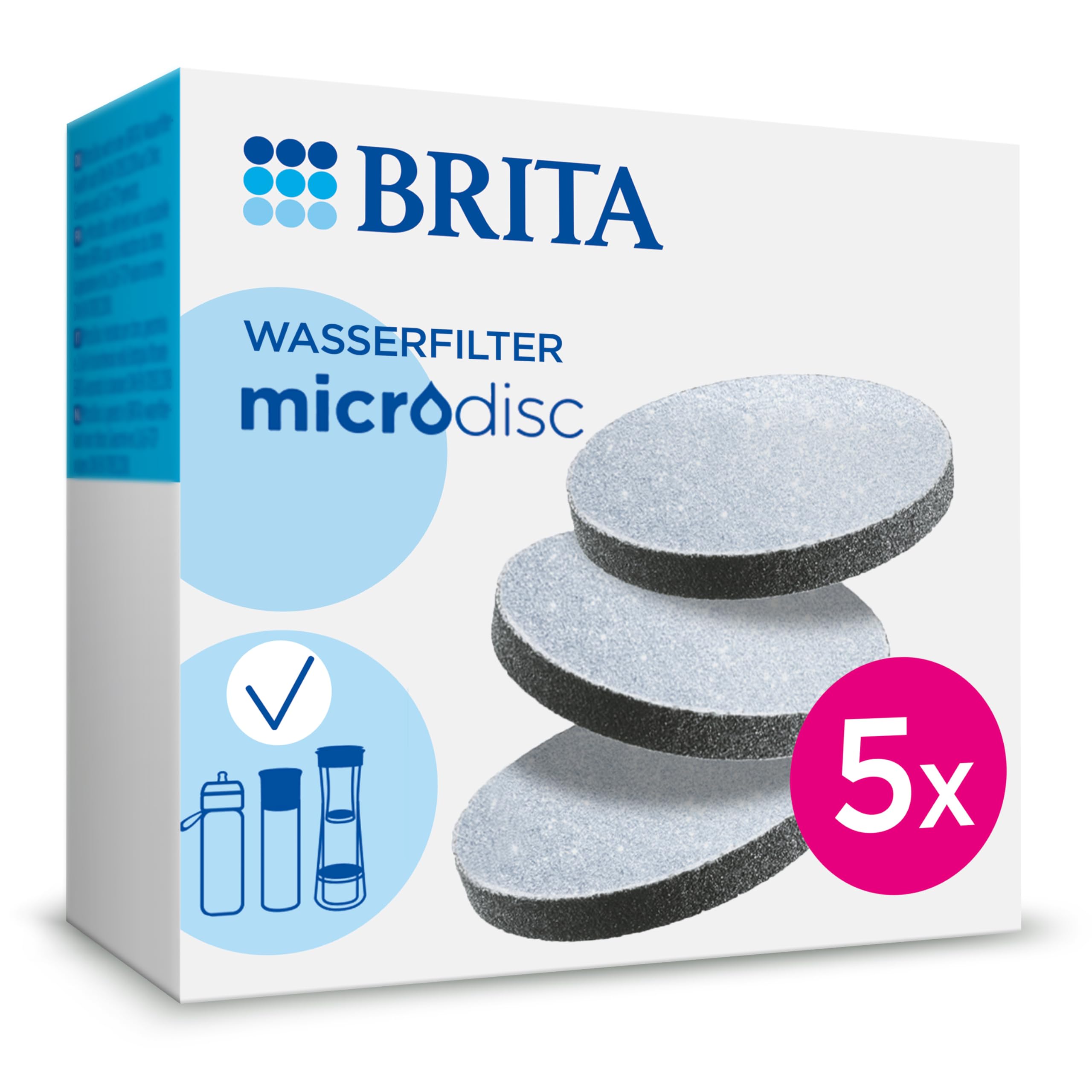 BRITA Wasserfilter MicroDisc 5er-Pack – Ersatz-Wasserfilter für alle BRITA Karaffen & Wasserflaschen mit Filter, reduziert PFAS, Chlor, Mikropartikel & andere geschmacksstörende Stoffe im Trinkwasser