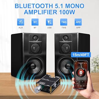 ZK-1001B Bluetooth Amplifier 100W Mono AMP Mini Audio Power Amplifier Module with TWS Box Matching Function, BT/AUX/USB Input, DC 7-24V DIY Speaker System Amplifiers Kit for Home Car