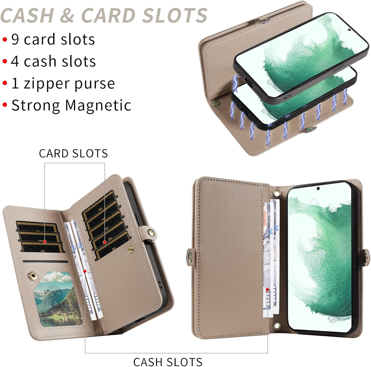 Asuwish Phone Case for Samsung Galaxy S22 Plus S22+ 5G Zipper Wallet Detachable Cell Cover with Screen Protector Crossbody Strap Bling Flip Credit Card Holder S22+5G S22plus 22S + S 22 22+ Women Grey