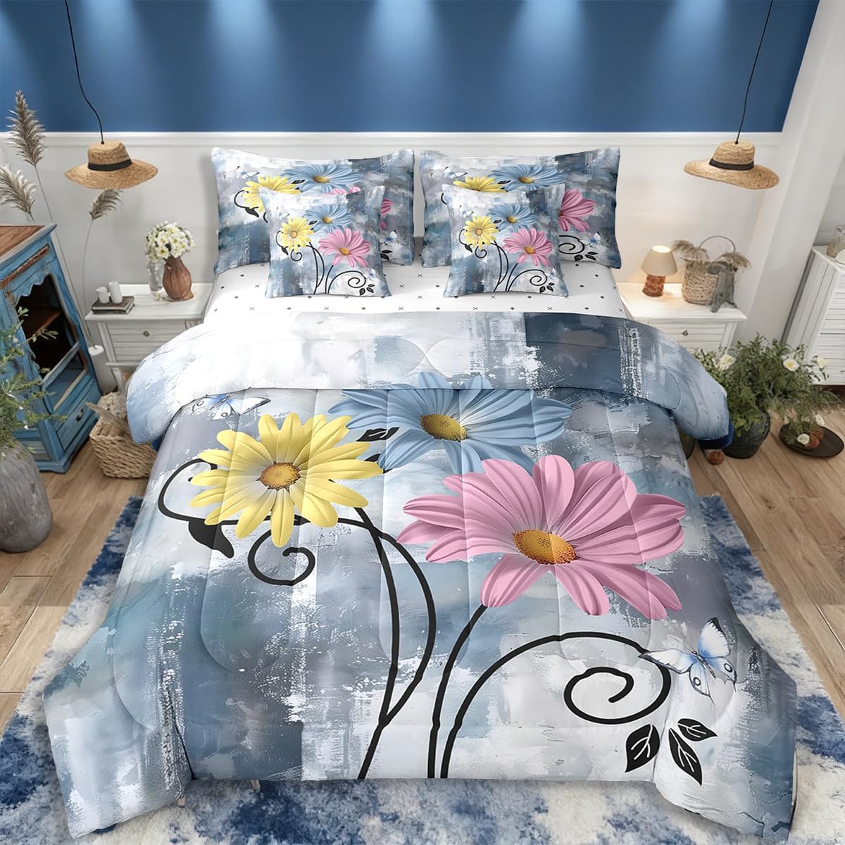 Rustic Flower Comforter Sets Farmhouse Country Floral Bedding Set 7 Pieces for Blue Daisy Flowers And Butterfly Bed In A Bag,Wooden Teal Turquoise Sheet Set With Comforter Pink Yellow Grey,Full